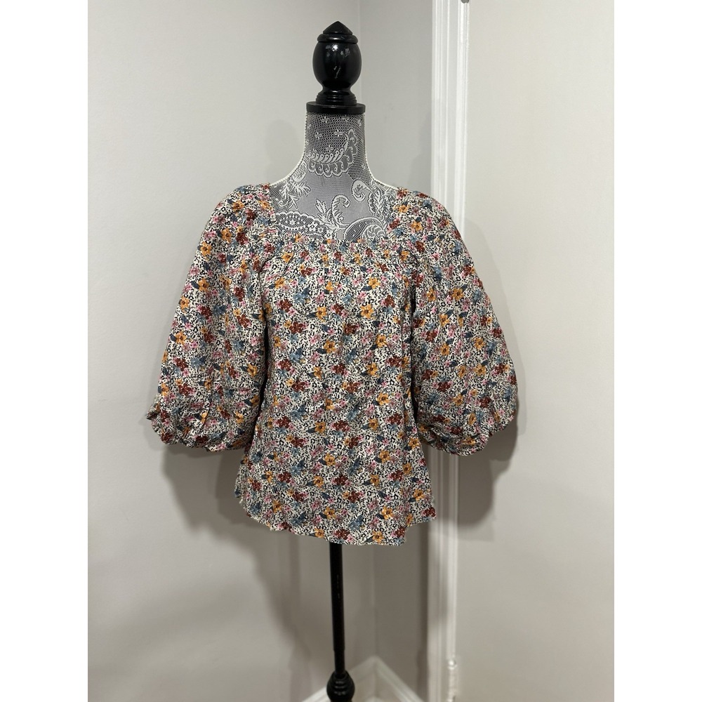 Entro Cottagecore Floral Peasant Top Sz:M Multicolor Puff Balloon Sleeve Rayon